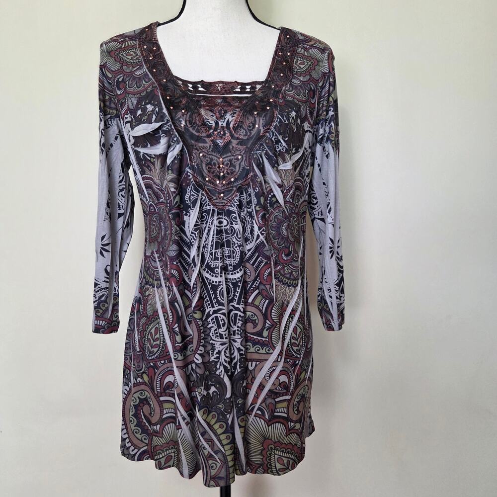 Energe By One World XL Pullover Sq Neck Tunic Top 3/4 Sleeve Lace Studs Artsy